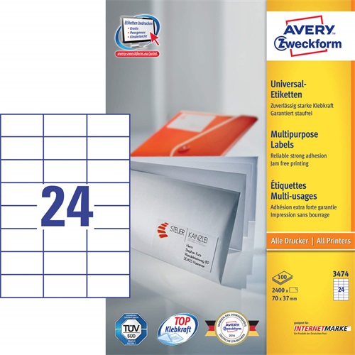 Etikett AVERY 3474 70x37mm univerzális 2400 címke/doboz 100 ív/doboz