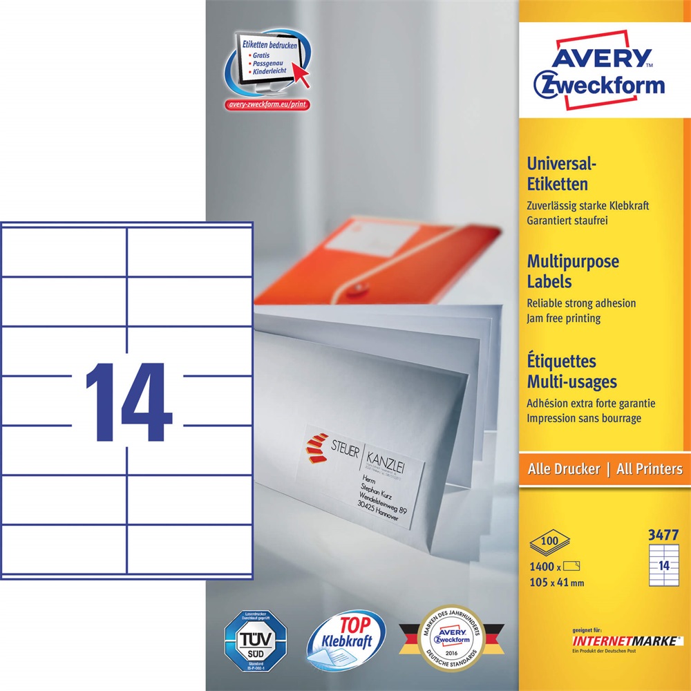 Etikett AVERY 3477 105x41 mm fehér univerzális 1400 címke/doboz 100 ív/doboz