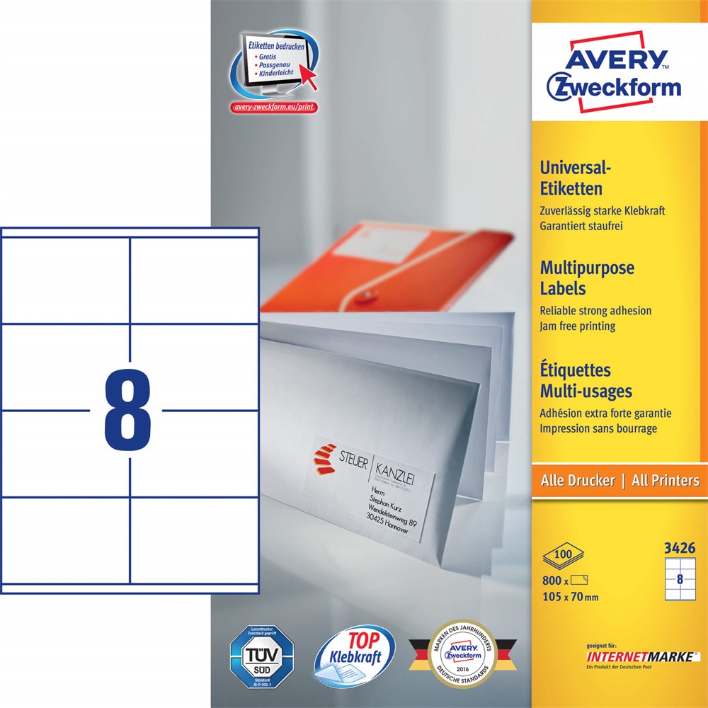 Etikett AVERY 3426 105x70 mm fehér univerzális 800 címke/doboz 100 ív/doboz